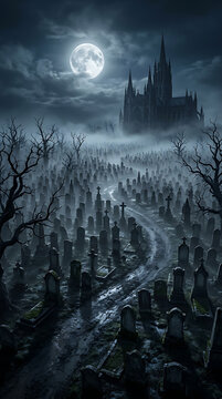 Medieval gothic cemetery under silver moonlight in rolling fog