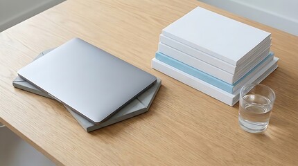 Fototapeta premium Minimalist Teacher Workspace with Laptop Stack of Books and Glass of Water on Wooden Desk