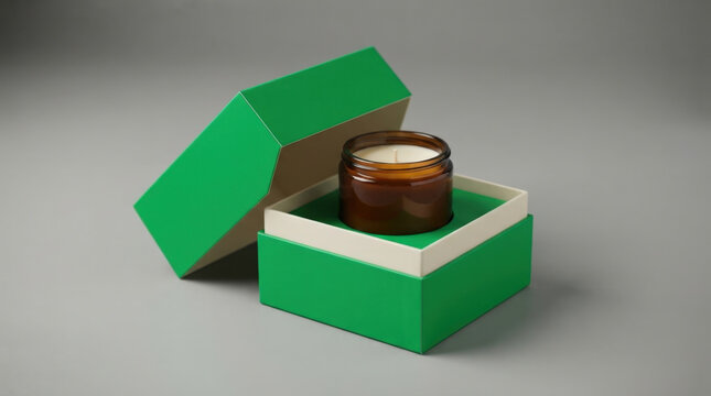 Natural soy wax candle in amber glass jar and green hexagonal gift box on gray background is ready for branding product presentation.