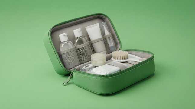 Open green toiletry organizer bag containing baby skincare products travel size bottles and grooming tools for infant hygiene essentials storage.