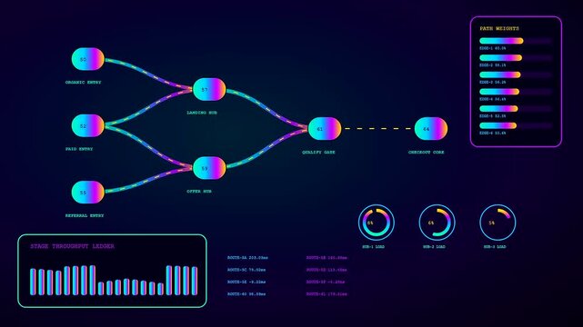A digital conversion funnel display shows data flow diagrams across three panels with vibrant glowing nodes and metrics tracking user journey progress on dark screen