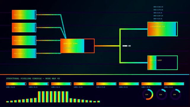A digital conversion funnel dashboard visualizes complex data flow through illuminated nodes and glowing progress bars while updating graphical metrics across multiple active interface panels