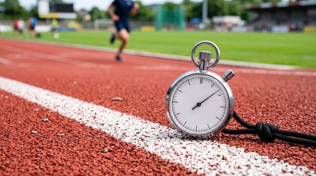 Analog stopwatch resting on red running track lane near white line during athletics event, timing sprint and measuring performance with focus on precision in competitive setting