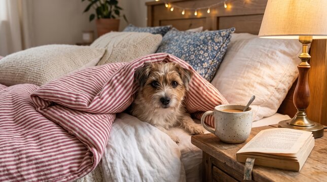 Small terrier dog snuggled under striped blanket on cozy bed with mug, open book and warm lamp on bedside table in intimate morning bedroom scene