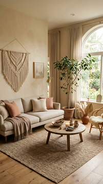 Minimalist boho interior decor with warm neutral tones
