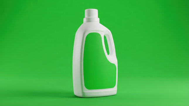 White plastic bottle with handle for liquid detergent or fabric softener on green studio background.