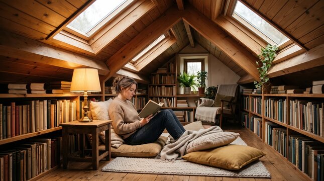 Woman reading book alone in cozy attic loft library nook surrounded by wooden shelves, cushions and warm lamp light for quiet relaxation and study