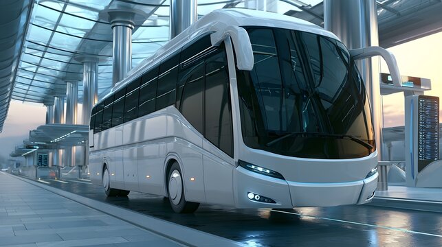 Sleek white coach bus parked inside modern terminal station featuring large glass roof and warm sunset light in background scene