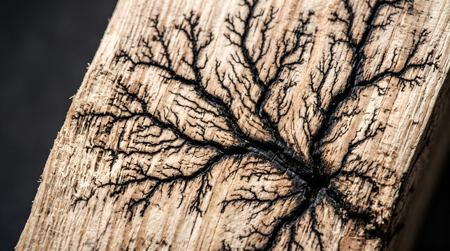Close up of Lichtenberg figure fractal wood burning pattern on light timber surface