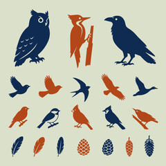 Naklejka premium Bird silhouettes and feathers icon set