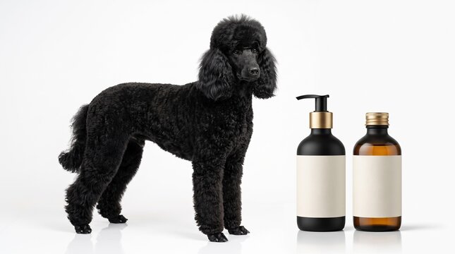 Black poodle dog standing next to two bottles of pet grooming shampoo