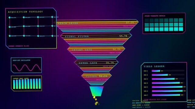 a colorful digital conversion funnel displays dynamic metrics and data flow patterns moving through complex analytical systems while tracking various performance indicators in this virtual interface