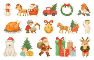 Naklejka premium PNG Charming festive holiday illustrations, element set on transparent background