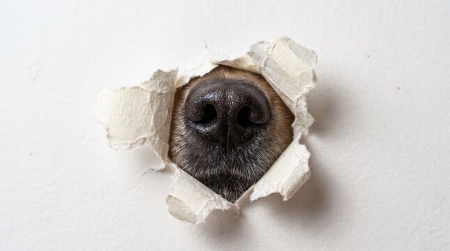 dog nose peeking through a hole in a paper wall