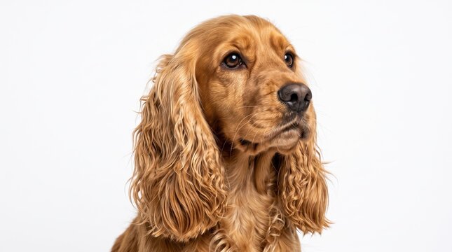 golden brown spaniel dog looking up with attention
