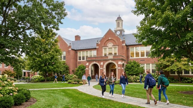 Students walking and socializing on college campus lawn in front of historic red brick academic building with arched entrance during daytime relaxed atmosphere