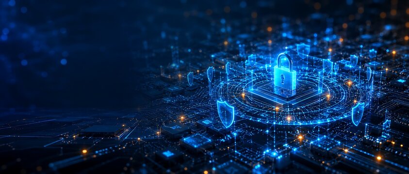 Digital padlock and shield icons glowing on a circuit board. This represents data security, cyber protection, and network safety with a futuristic feel