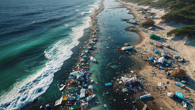 Polluted coastline with plastic debris washed ashore by ocean waves