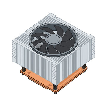 2d flat illustration style "hardware de inform&aacute;tica", isolated on white background. No texts. Subject: CPU cooler with heat sink, metal fins stacked vertically, central fan on top, mounting base.