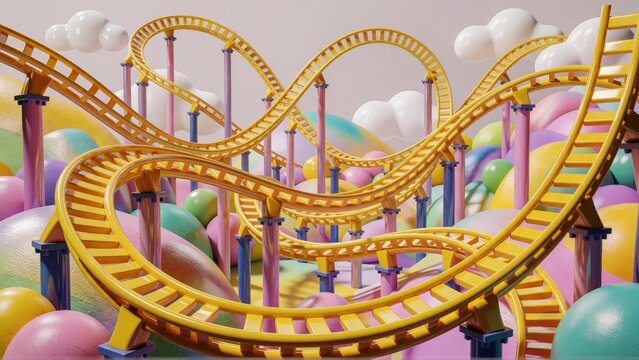Yellow roller coaster track in a surreal candy land landscape with pastel colored spheres.