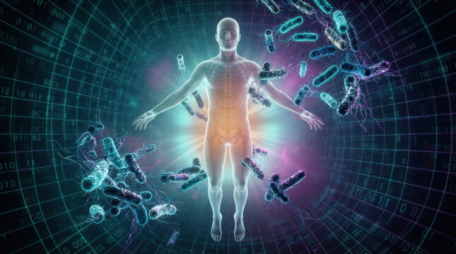 Human figure surrounded by digital bacteria and binary code representing gut microbiome and immune system response in futuristic environment.