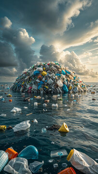 Massive ocean garbage patch with debris floating in the sea under dramatic clouds