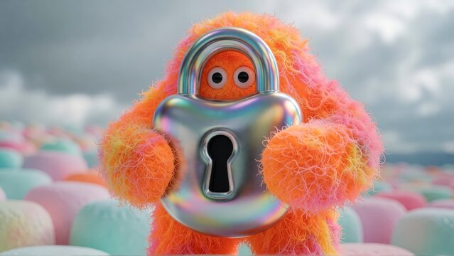 Fluffy orange monster holding a large silver padlock for cybersecurity concept.