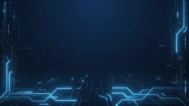 Deep blue digital pathways glow with electric light