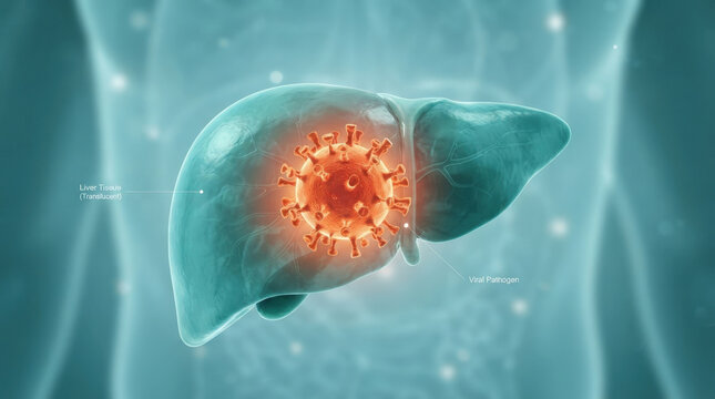 Macro view of viral pathogen attacking liver tissue cells illustrates hepatitis infection or liver disease in medical research simulation.