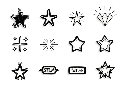 Hand Drawn Doodle Star Icon Set Featuring Various Sparkle and Celestial Design Elements with Bold Outlines and Artistic Sketch Style