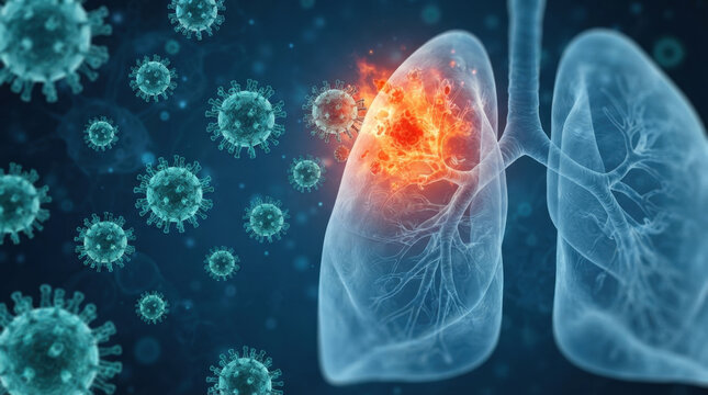 Microscopic view of human lungs infected by virus particles, showing inflammation and damage, crucial for understanding respiratory diseases.