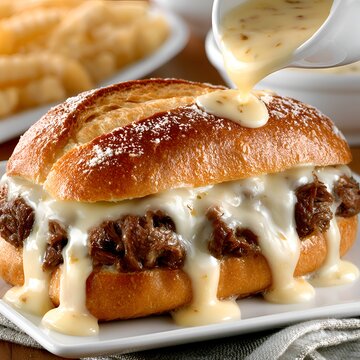 Delicious French Dip Sandwich with Melted Cheese and Au Jus