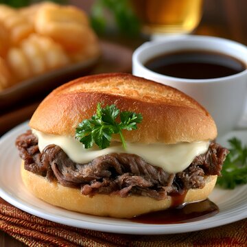 Delicious French Dip Sandwich with melted cheese and au jus on a white plate