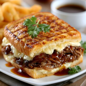 Gourmet French Dip sandwich with melted cheese and shredded beef, served with au jus dipping sauce and french fries