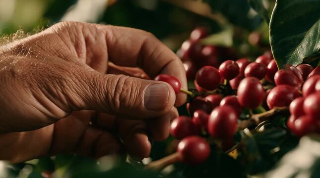 Farmer fingers picking a ripe red coffee cherry from a branch during harvest in warm natural sunlight