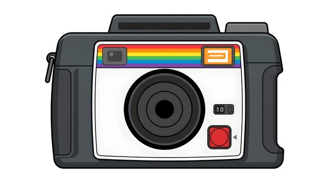 Vintage Instant Camera Rainbow Stripe &mdash; White Brushed Body Bold Flat Vector