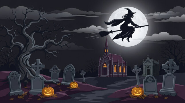 Spooky halloween landscape featuring glowing jack o lanterns graveyard church under bright full moon silhouette witch flying against night sky.
