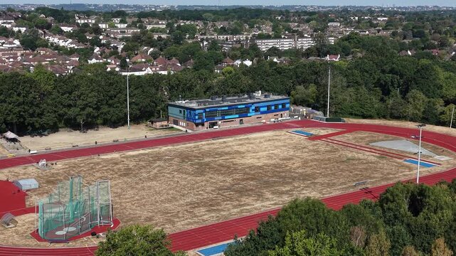 Aerial drone footage of Norman Park Athletics Track in Bromley, London