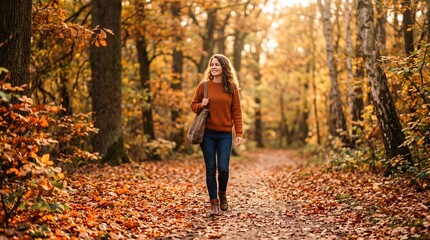 Fototapeta premium Woman walking along a trail covered in golden leaves in an autumn forest.