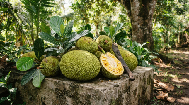 Whole green jackfruit harvested from orchard trees resting on stone surface with machete knife for traditional fruit farming and food processing.