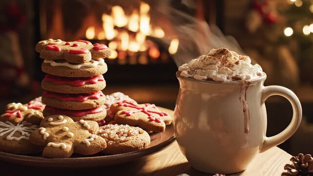 A cozy Christmas scene with gingerbread cookies and a steaming mug of hot chocolate by a fireplace.