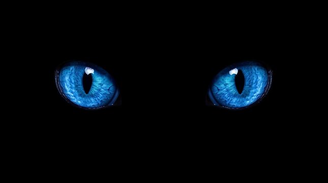 Mysterious Glowing Blue Feline Eyes in Pitch Black Darkness