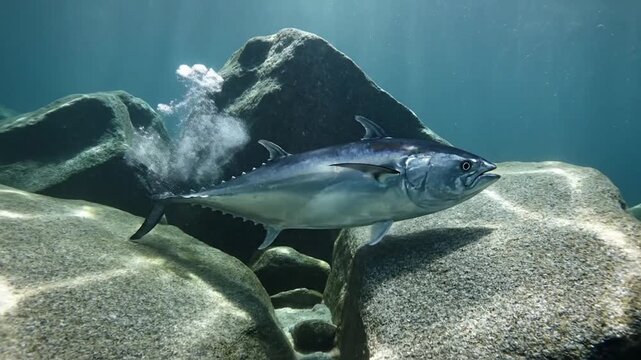 A large tuna fish swimming underwater near rocky formations in the deep ocean.