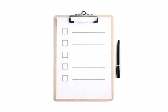 Clipboard with blank checklist paper and pen isolated on white background