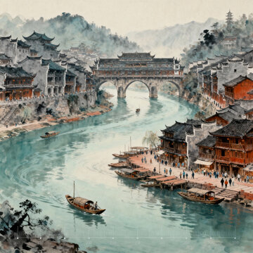Ancient Water‑Town With Stone Arch‑Bridge And Riverside Boats