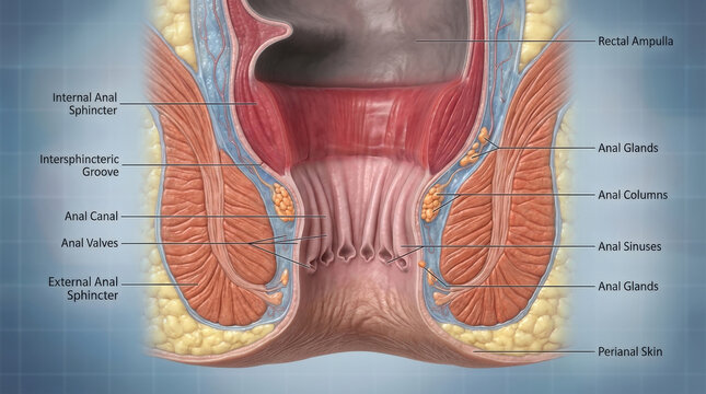 Detailed cross section view of human anal canal anatomy with labeled structures for medical training and surgical practice reference illustration.