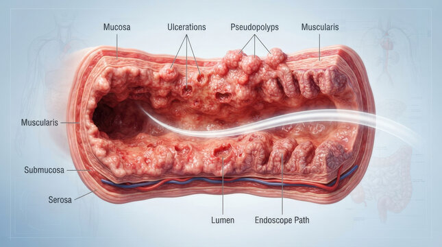 Detailed cross section of inflamed intestinal wall showing mucosa ulcerations pseudopolyps and muscularis layers for clinical medical studies.