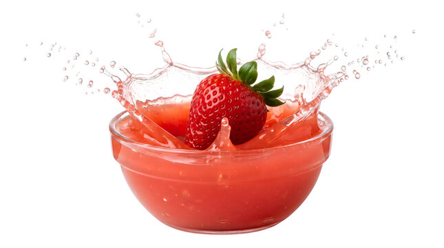 A vibrant strawberry splashes into a bowl of juice on transparent background