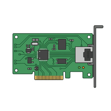 2d flat illustration style "hardware de inform&aacute;tica", isolated on white background. No texts. Subject: network interface card NIC, rectangular PCB with ethernet RJ45 port, antenna or connector.