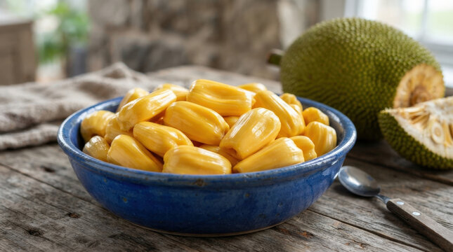 Fresh yellow jackfruit pods served inside rustic blue ceramic bowl on wooden table with whole fruit pieces for healthy tropical fruit culinary theme.
